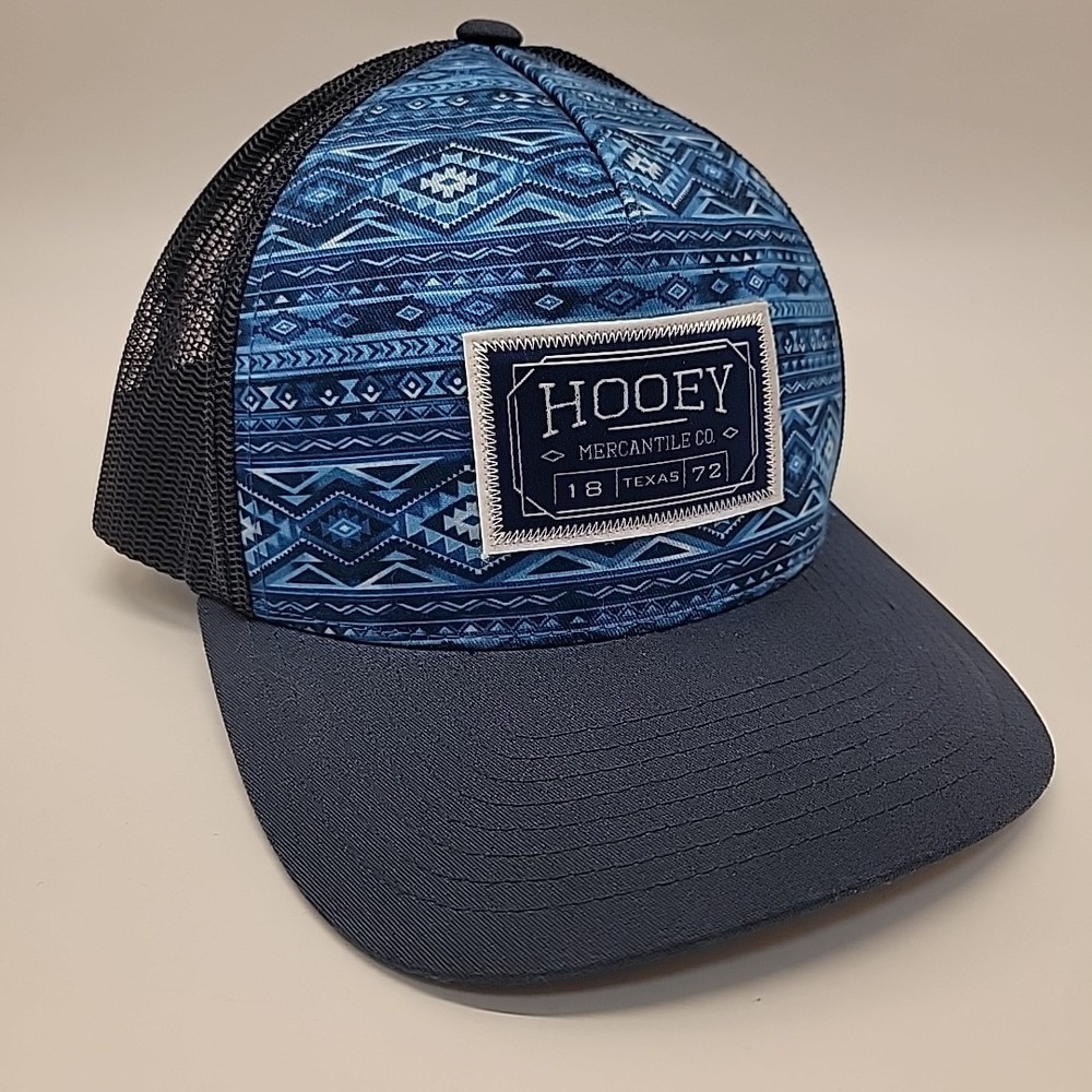HOOEY Doc 5-Panel Trucker Hat Cap‎ Blue/White Rectangle Patch One Size Aztec EUC